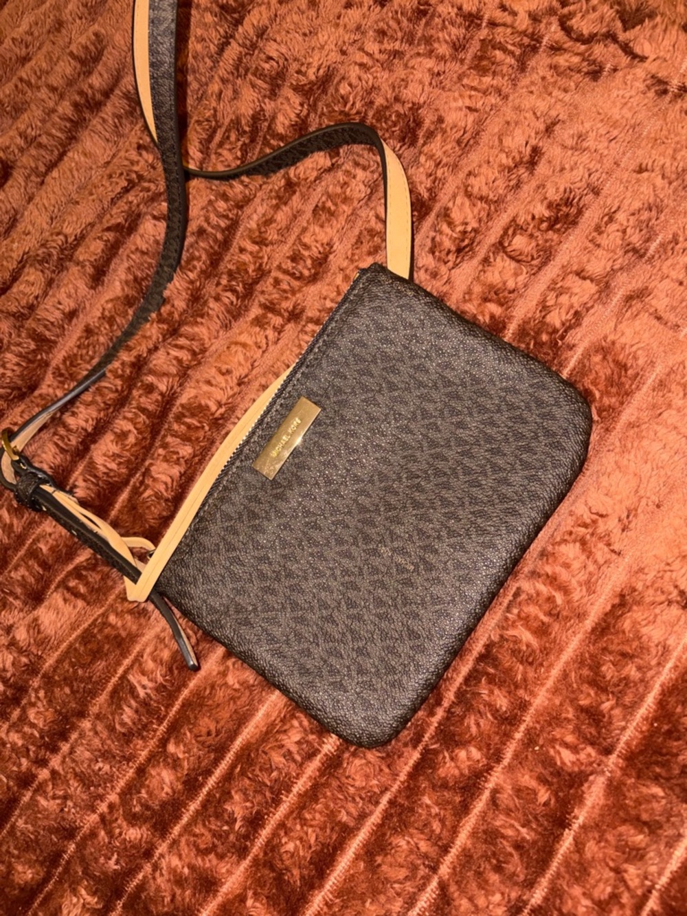 Michael Kors Brown fanny pack with Tan Trim and Gold Plaque